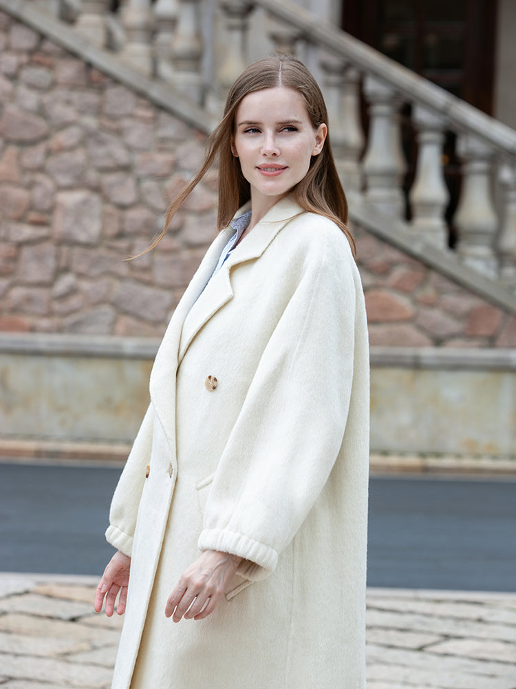 CocoonCash Luxury White Wool, Mulberry Silk &amp; Rabbit Hair Blend Coat
