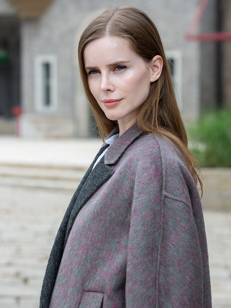 Statement Long Wool, Mulberry Silk & Rabbit Hair Coat with Grey Gradient Tailored Collar