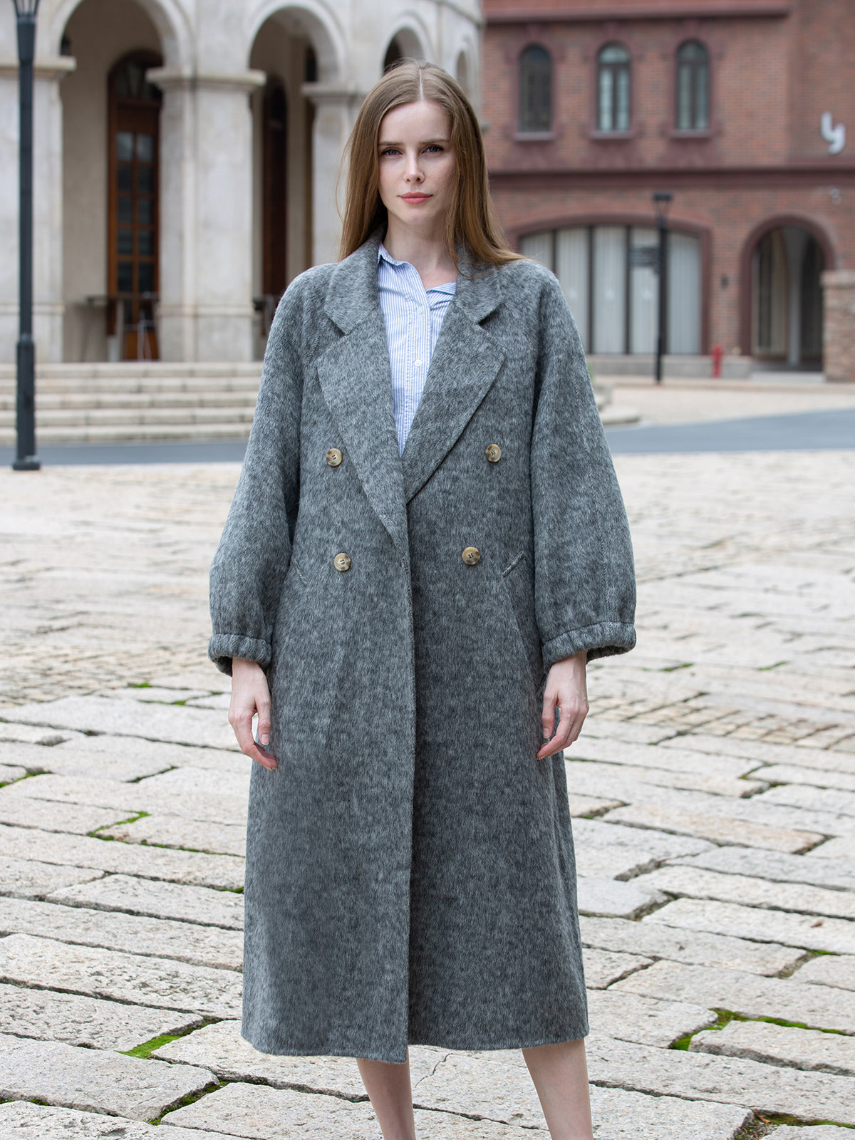 Luxury Snow Grey Wool, Mulberry Silk & Rabbit Hair Blend Coat — The Serenity of Elegance