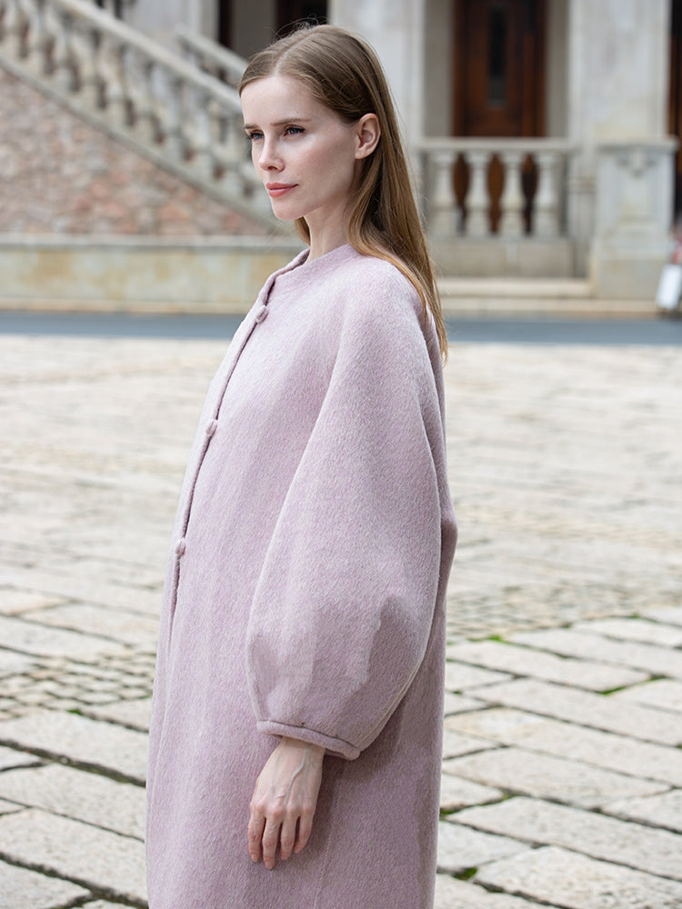 Long Mandarin Collar Wool Blend Coat with Frog Closure and Cuffed Sleeves