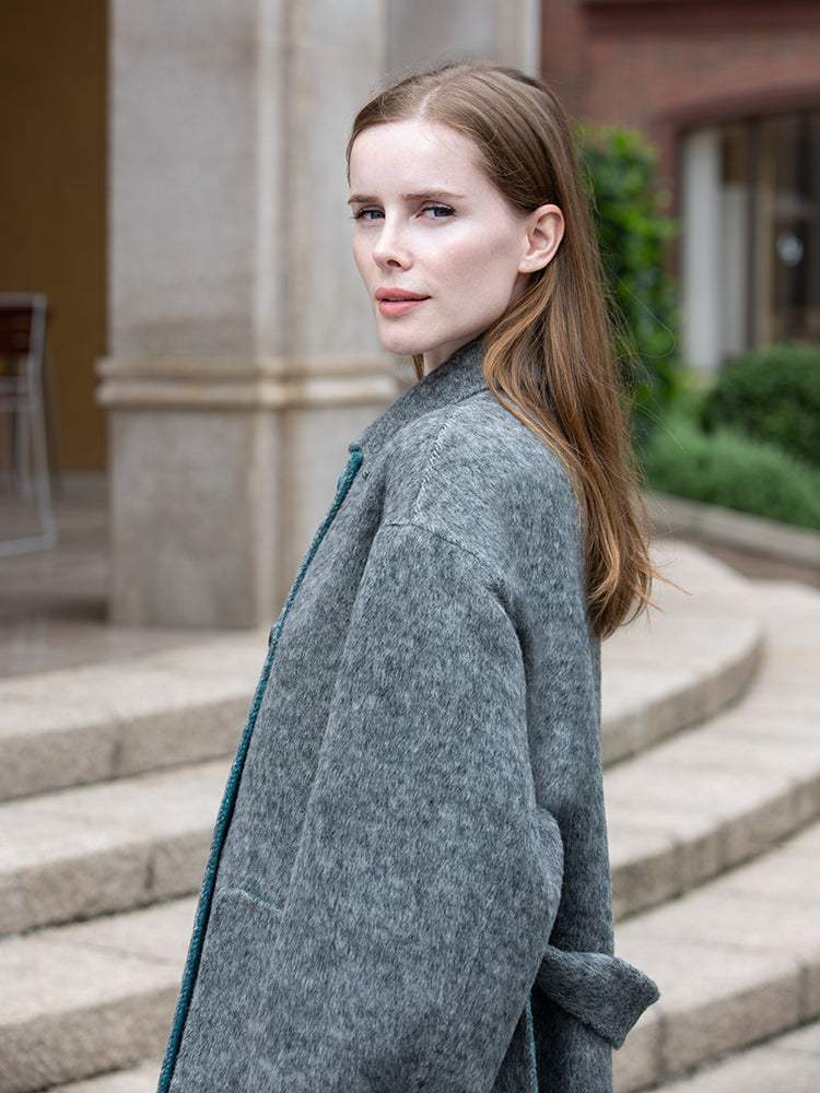 Long Double-Faced Wool & Silk Coat with Mandarin Collar and Long Belt