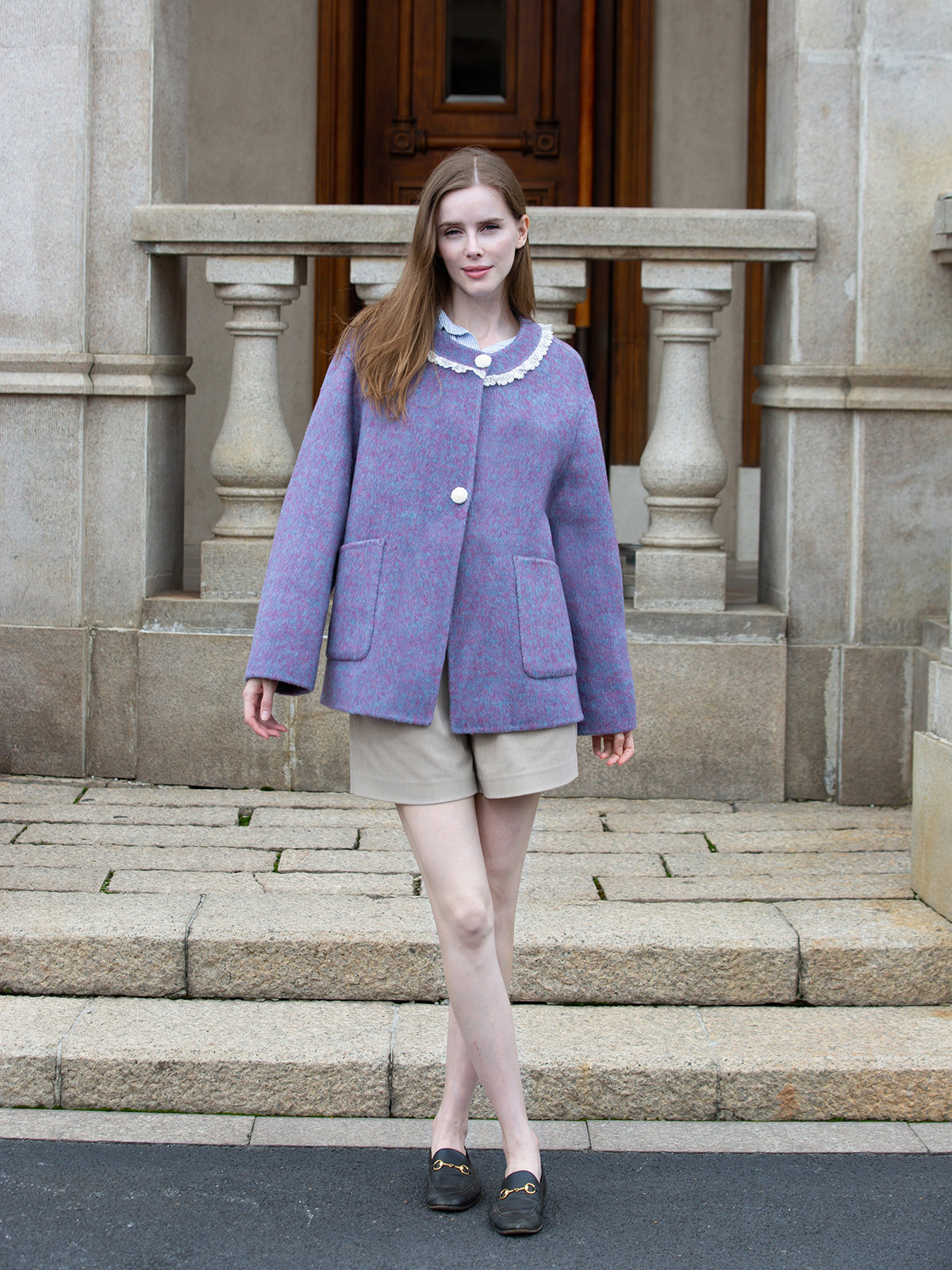 CocoonCash Elegant Wisteria Purple Wool & Mulberry Silk Coat