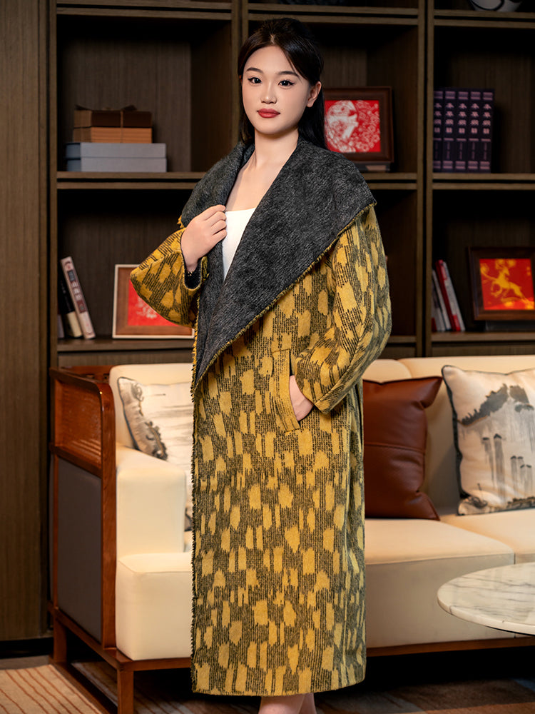 Robe-Style Wool, Mulberry Silk & Angora Coat with Flowing Fringe