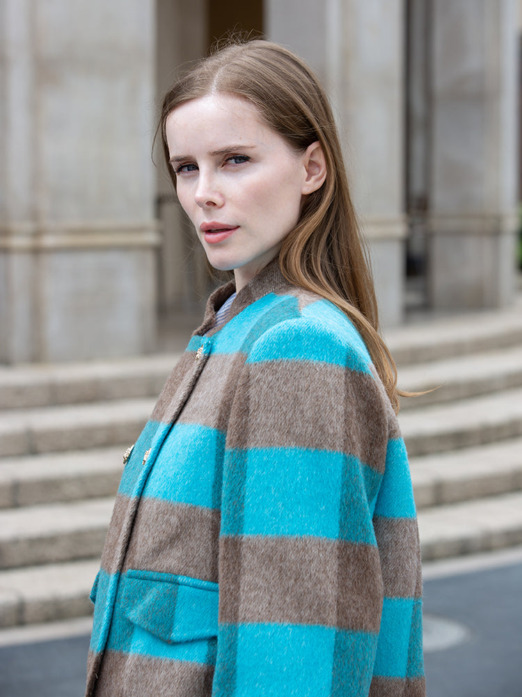 Wool coat women with Blue-White Check Pattern