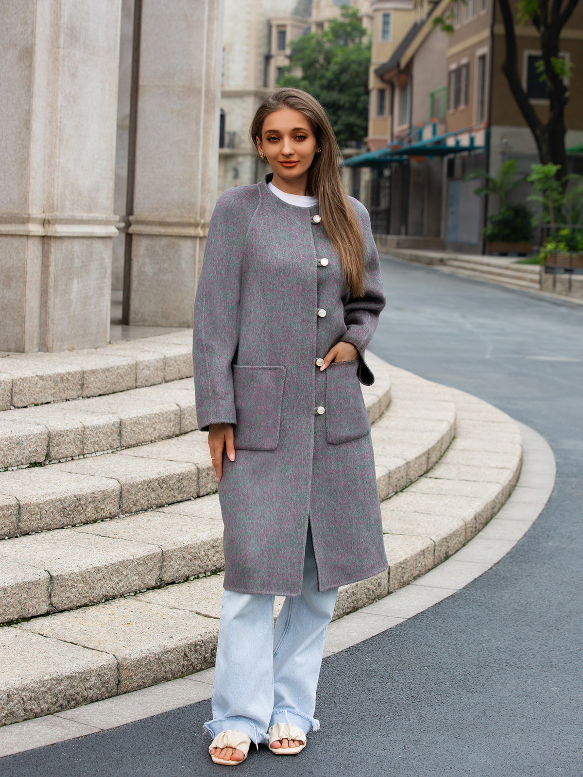 Wool coat women with Round Neck & Pearl Buttons
