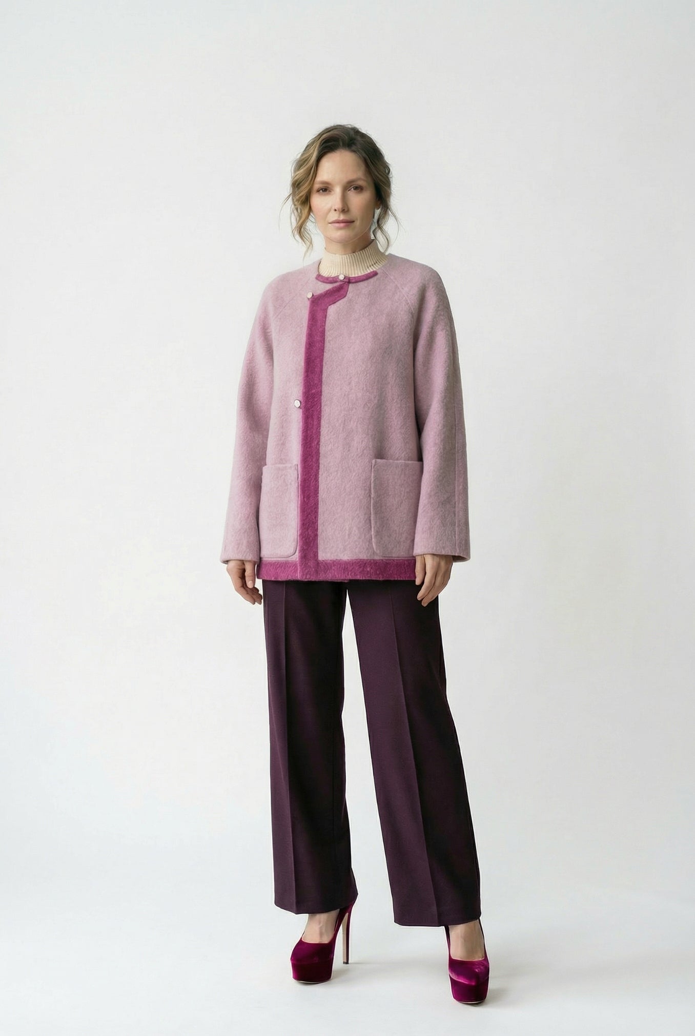 Women's Hand-Finished Wool Coats With 153 Velvet Peony Purple