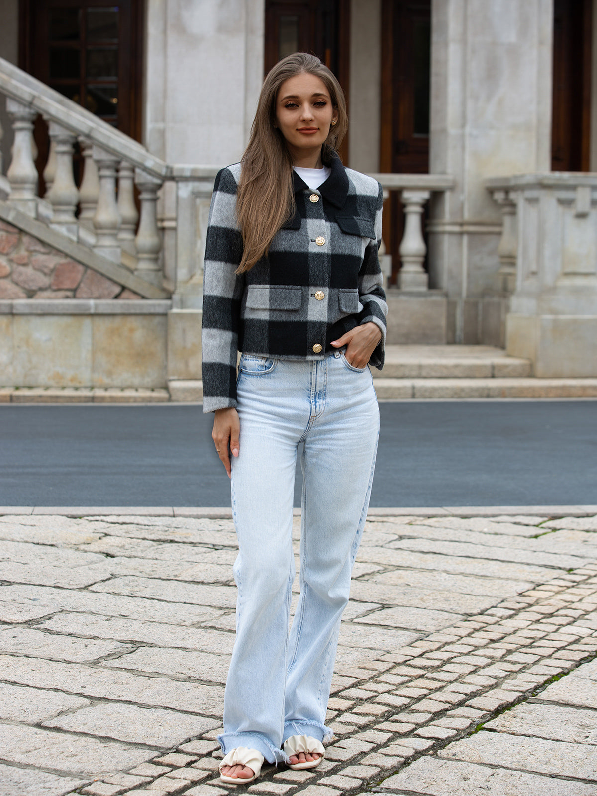 Wool coat wish women cropped zebra two-tone plaid