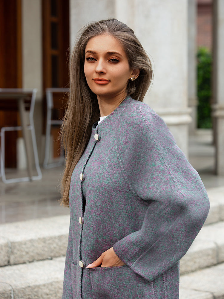 Wool coat women with Round Neck & Pearl Buttons