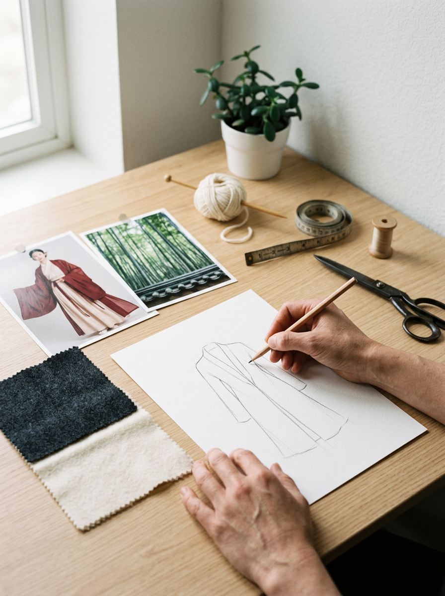 CocoonCash design inspiration showing Eastern cultural aesthetics, wool fabric, and coat sketches shaping the visual direction of refined outerwear.