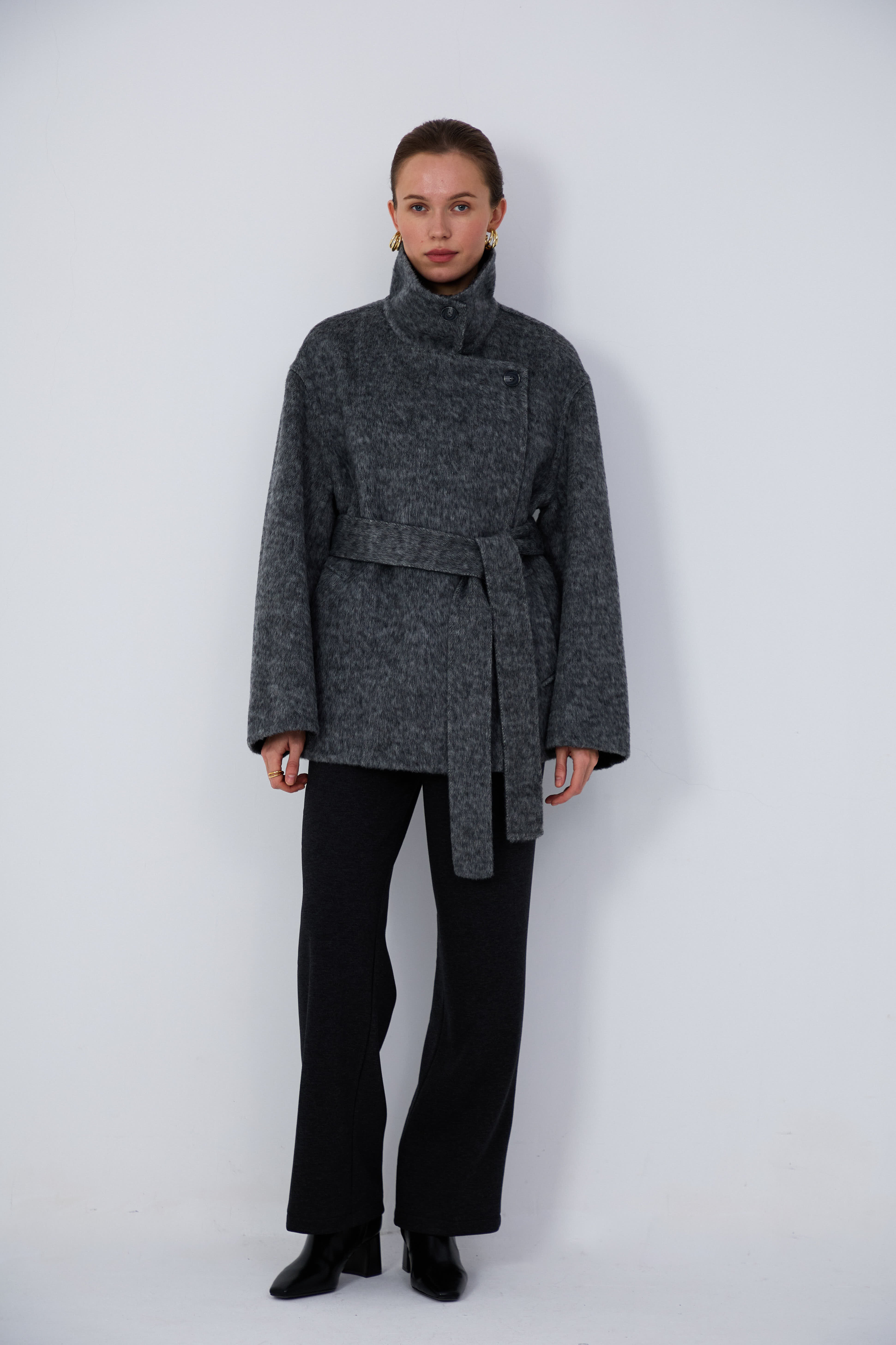 Women's Belted Wool Coats With 736 Gray Zone