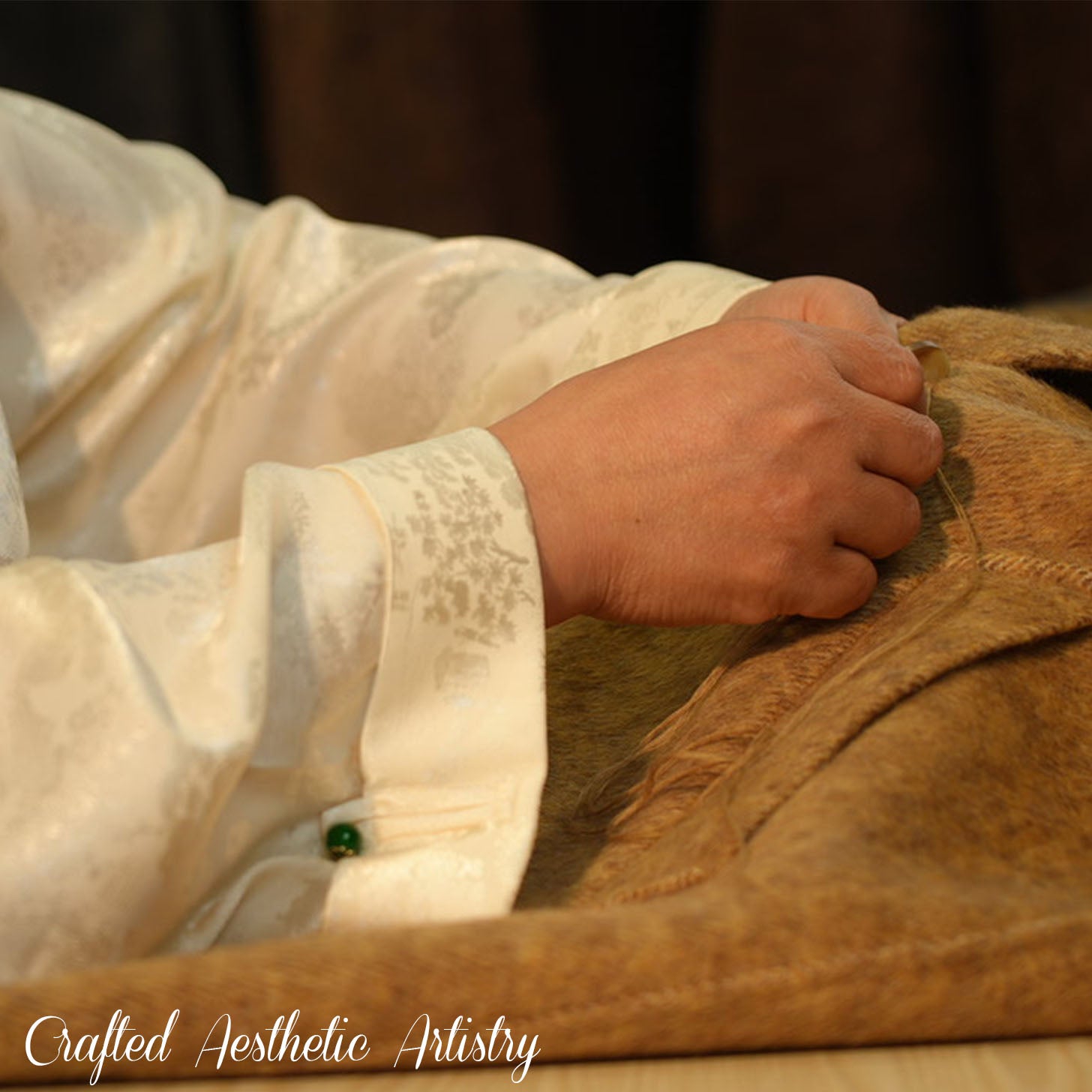 Handcrafted coat showcasing the artistry of CocoonCash craftsmanship, blending Eastern cultural aesthetics with refined modern luxury design.