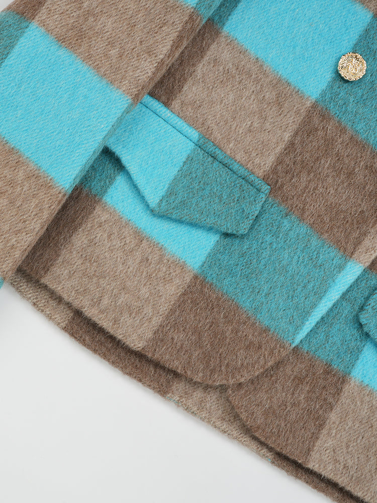 Wool coat women with Blue-White Check Pattern