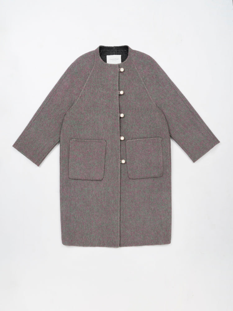 Wool coat women with Round Neck & Pearl Buttons