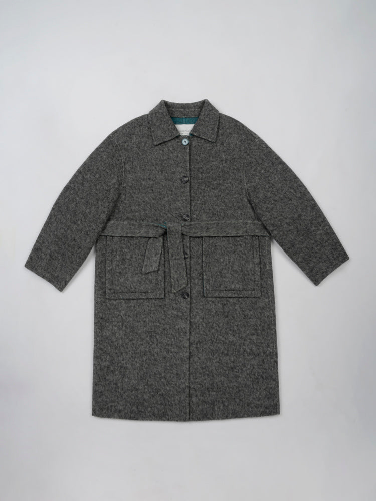 Wool  coat with Mandarin Collar and Long Belt