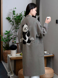 Wool coat with Oriental Panda Embroidery