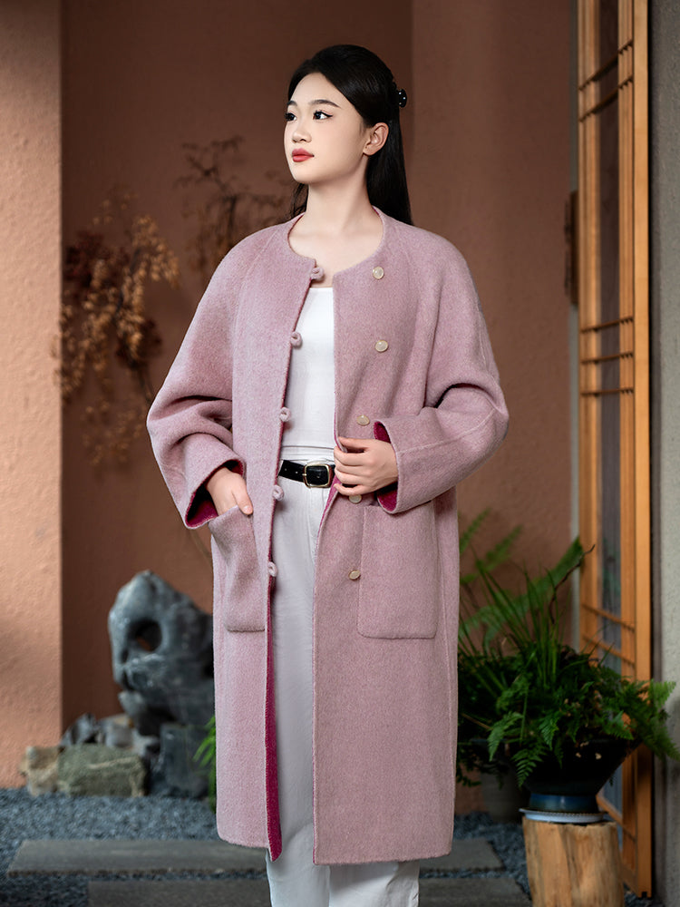 Wool coat with Round Neck & Pearl Buttons