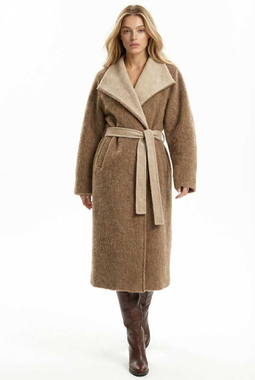 Women's Belted Wool Coats With 540200 Stone Camel Brown