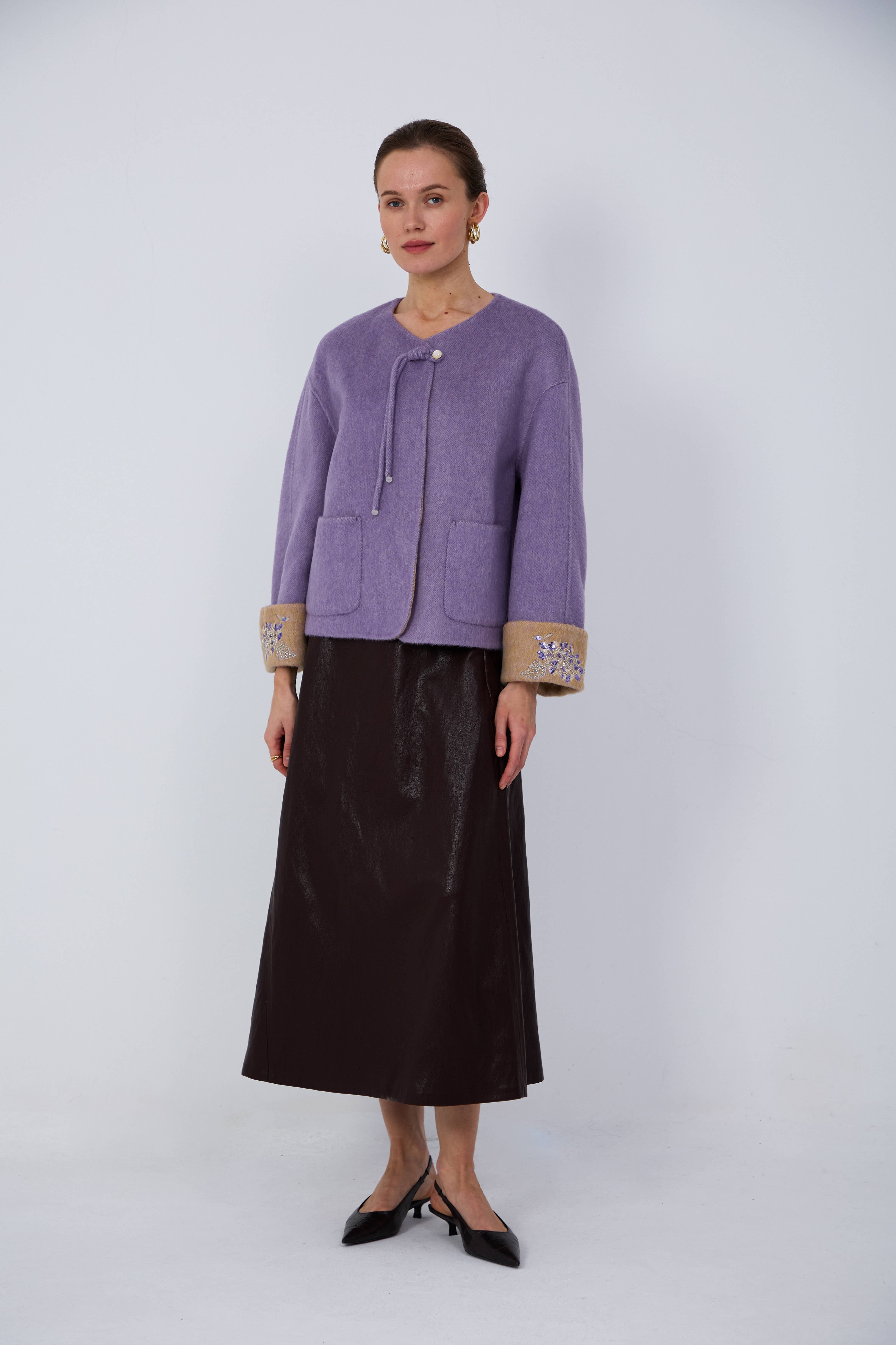 Women's Short Wool Coats With 679 Light Honey Yellow & Purple