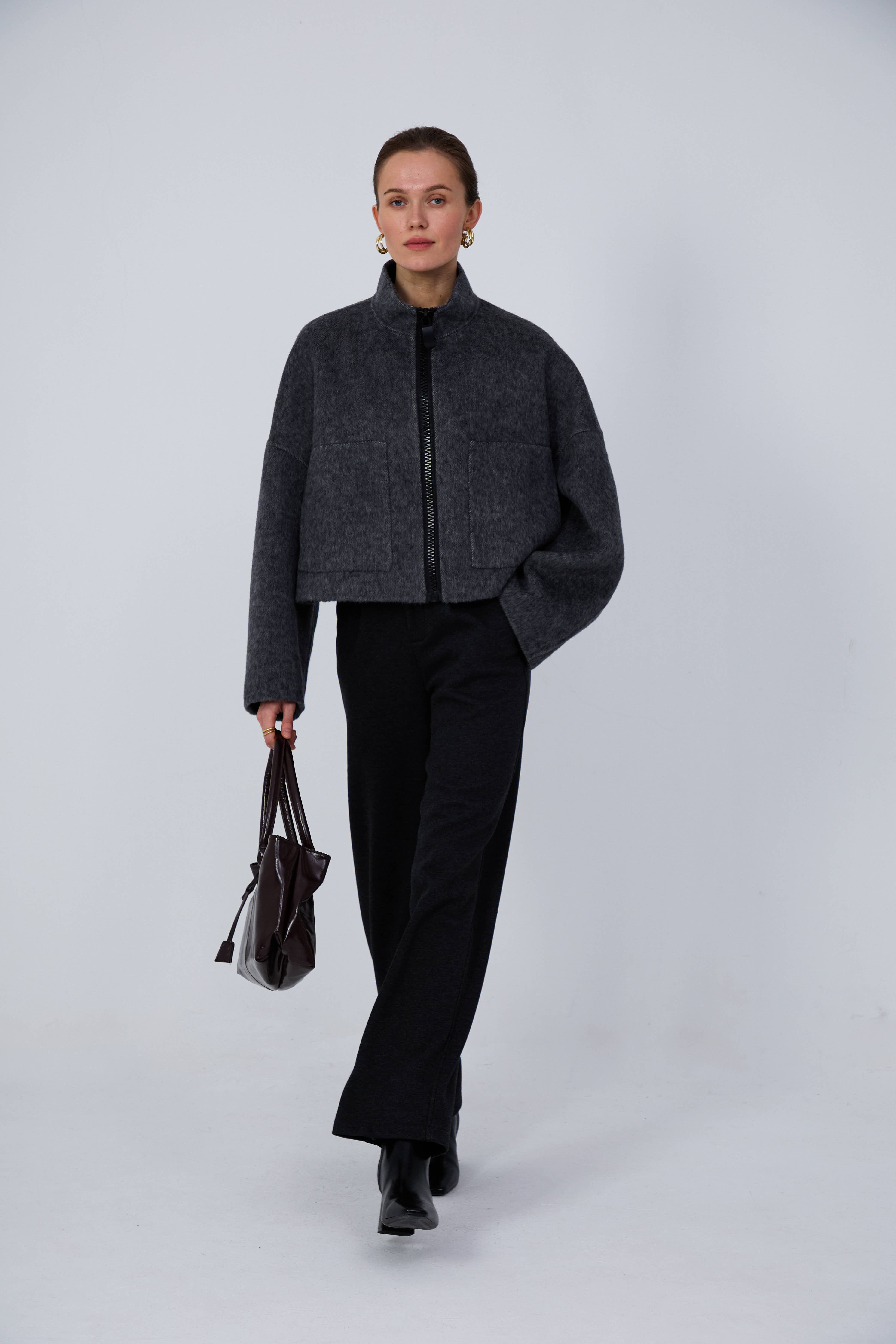 Natural material belted wool coat