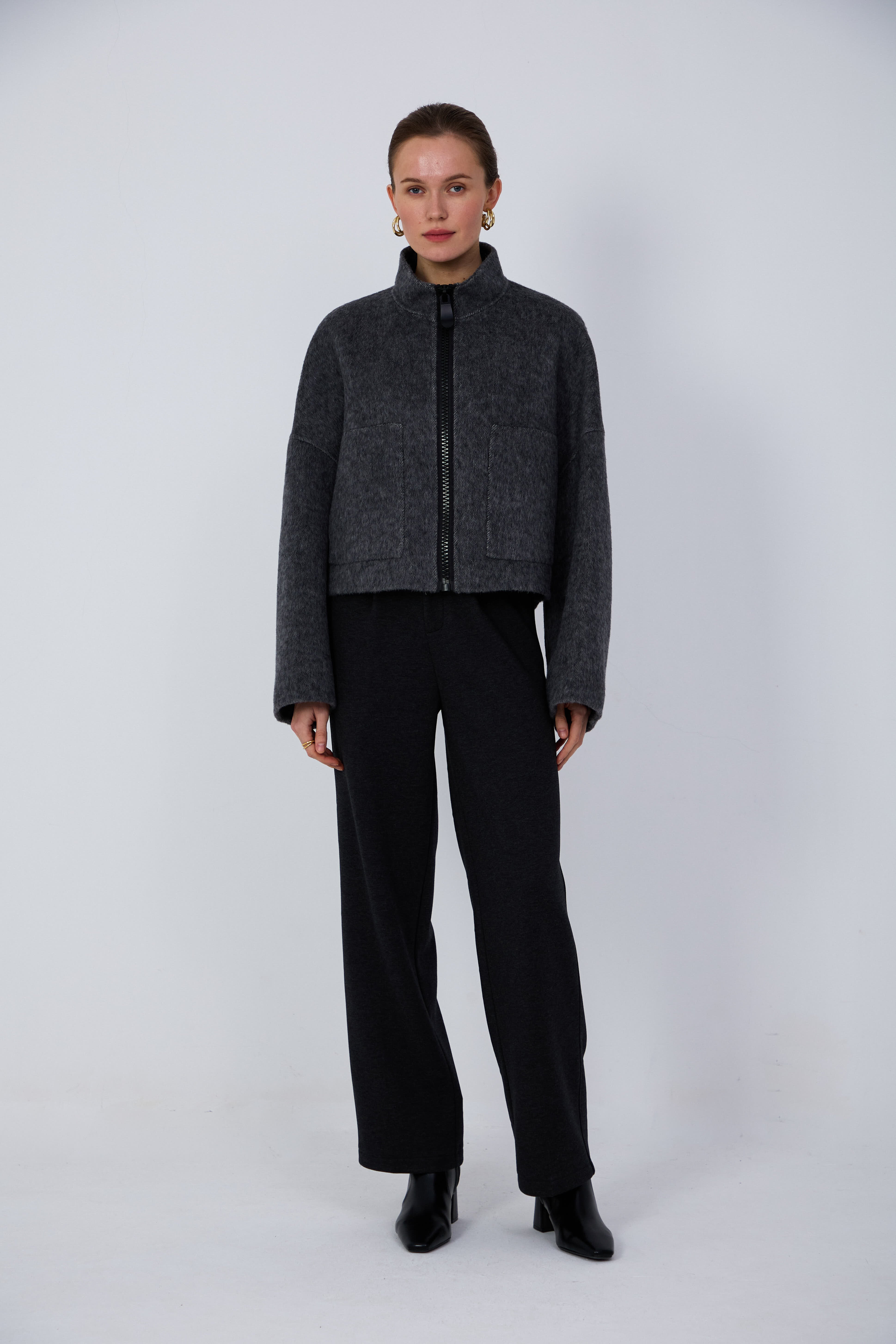 Women's Short Wool Coats With 752 Carbon Ink Gray