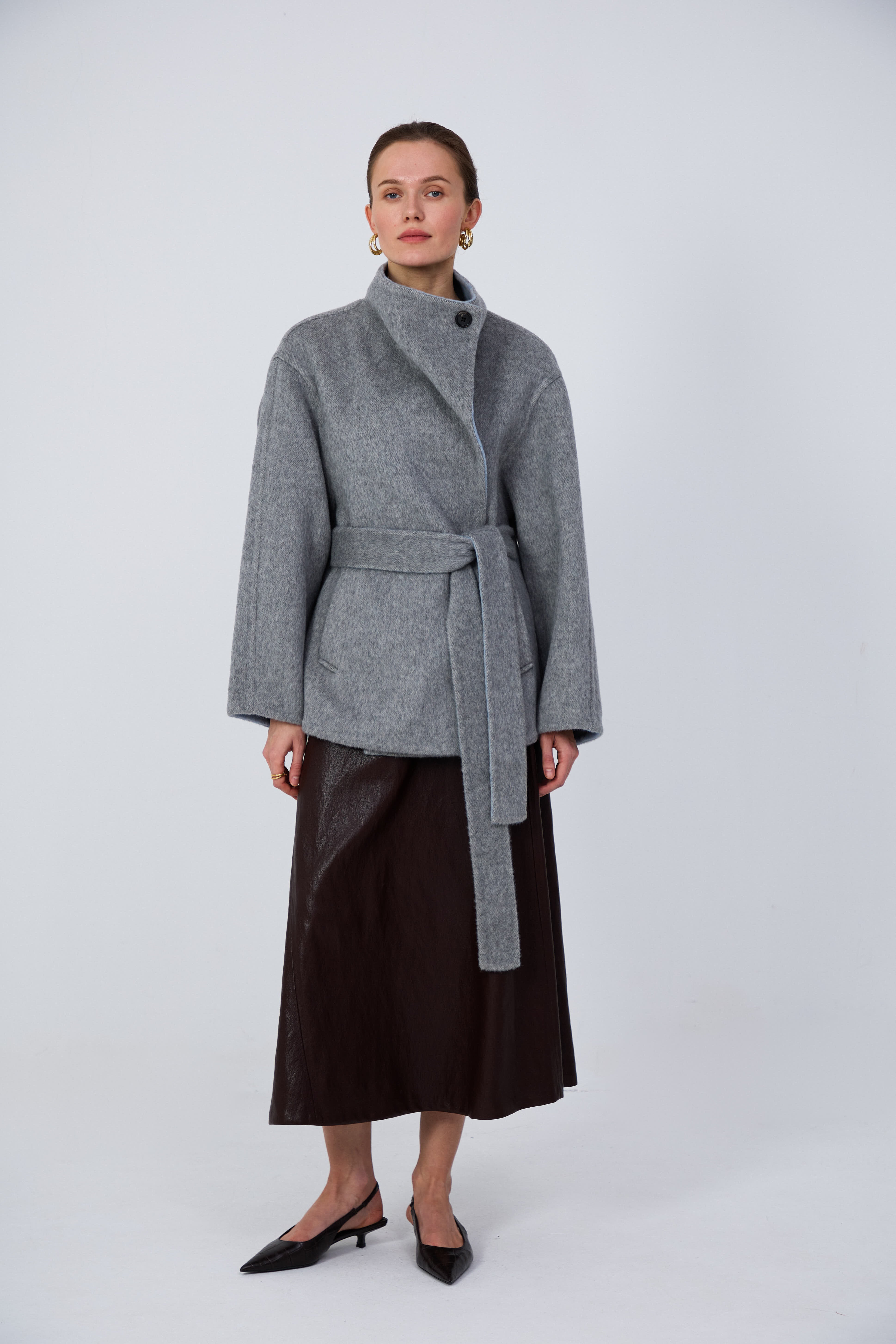 Women's Belted Wool Coats With 737 Light Gray Blue