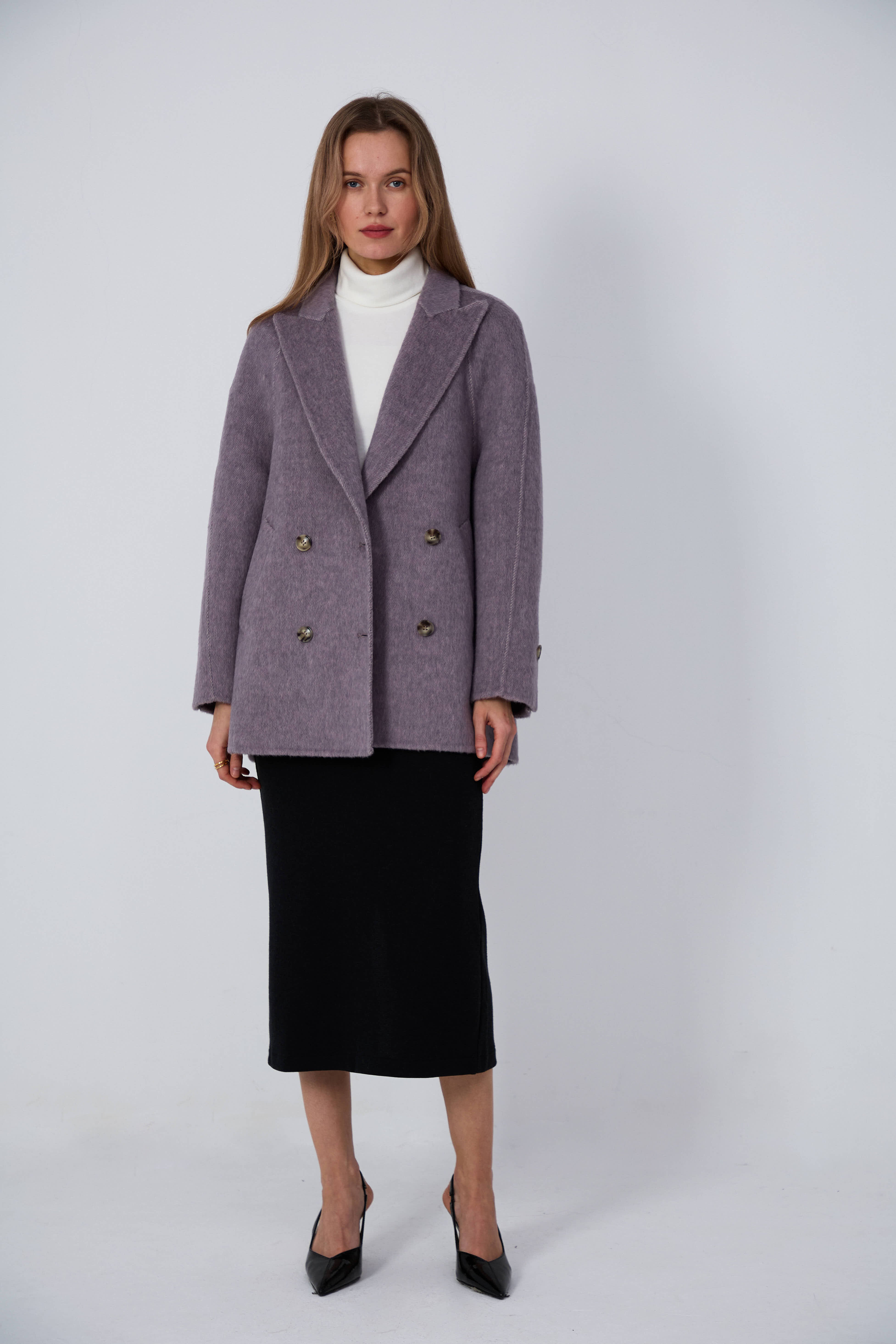 Women's Double-Breasted Wool Coats With 087 Short Smoky Ash Purple