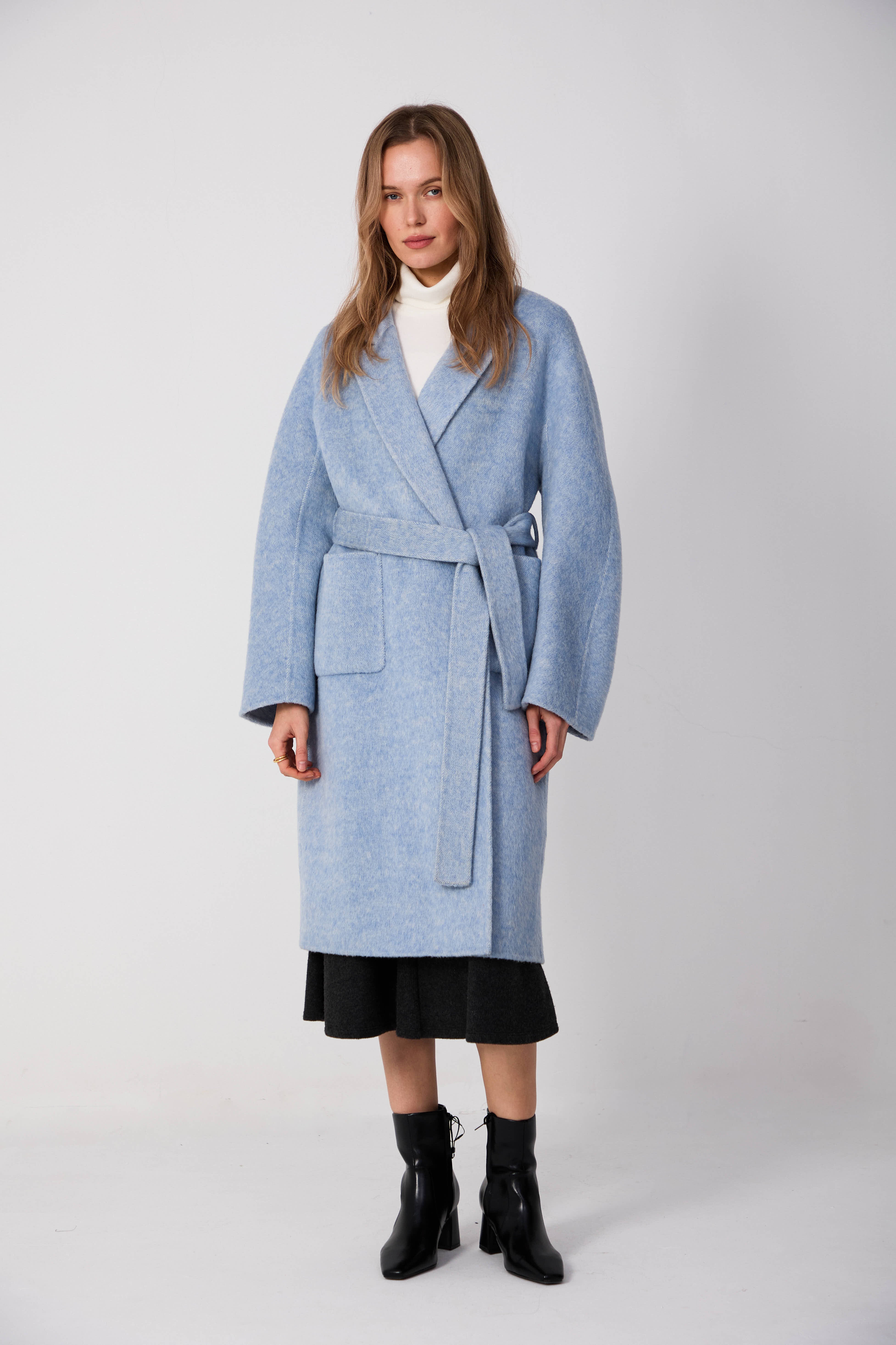Women's Belted Wool Coats With 20010 Sky Blue