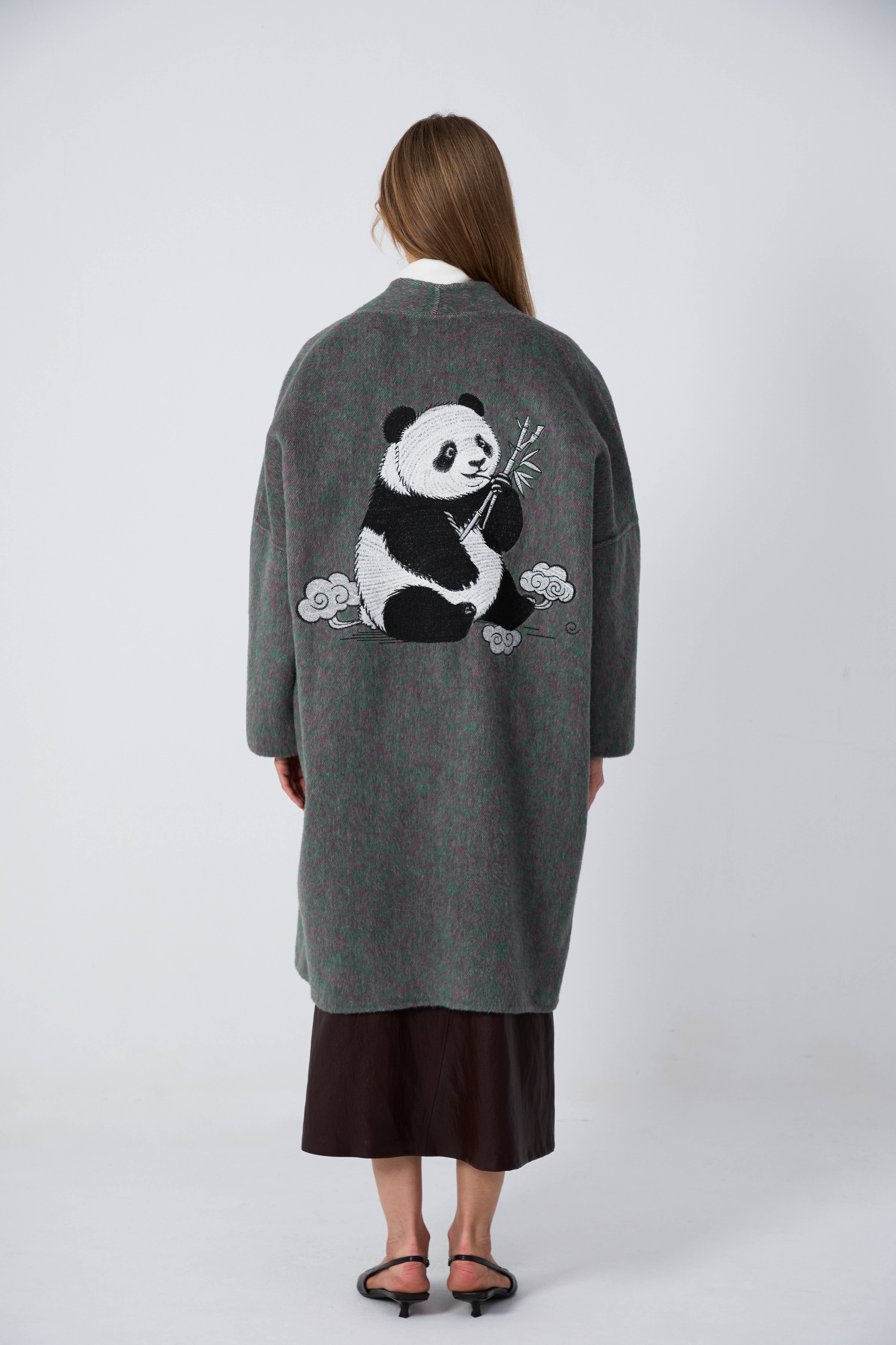 Women's Relaxed-Fit Wool Coats With Panda Embroidery · 18 Red Lichen Stone