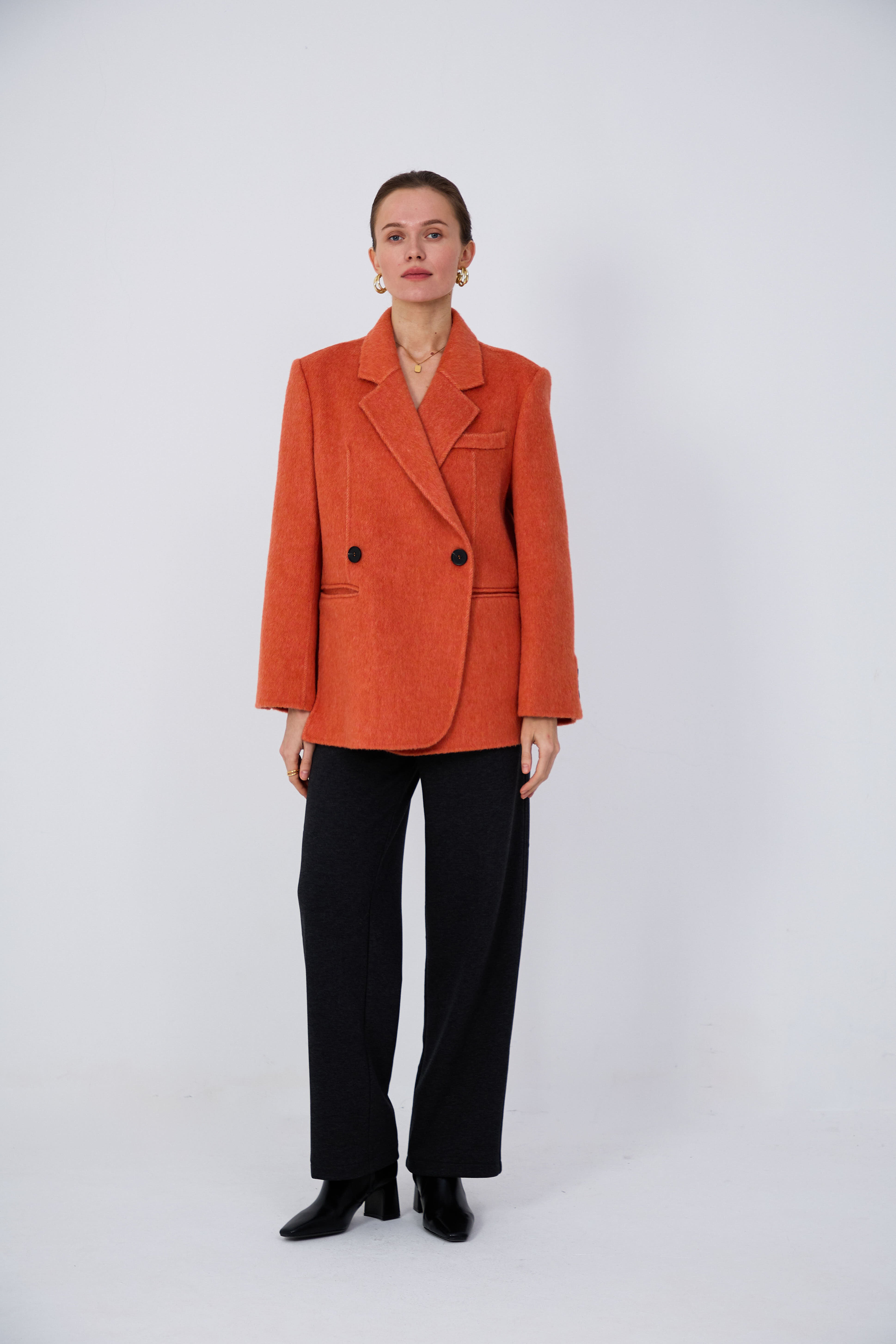 Women's Double-Breasted Wool Coats With 381 Radish Orange