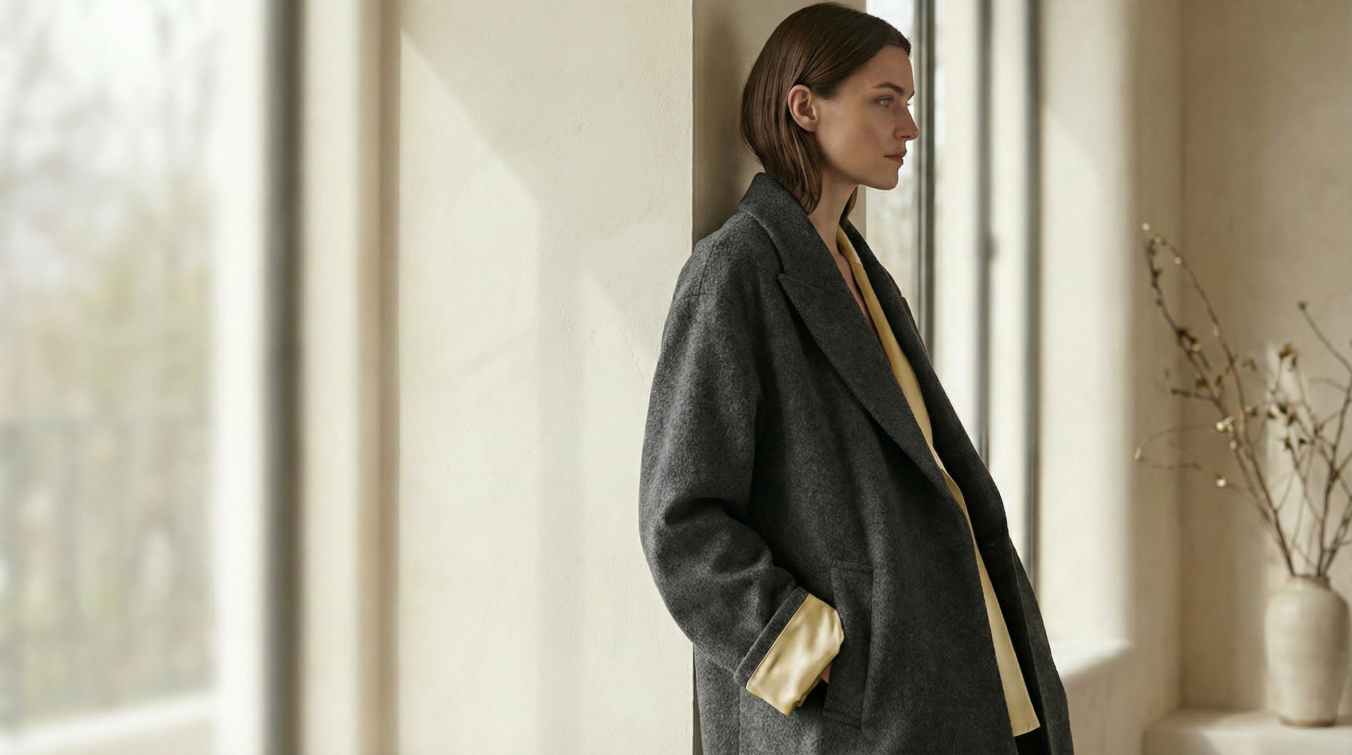 CocoonCash silk-lined wool coats with wool structure and smooth silk lining.