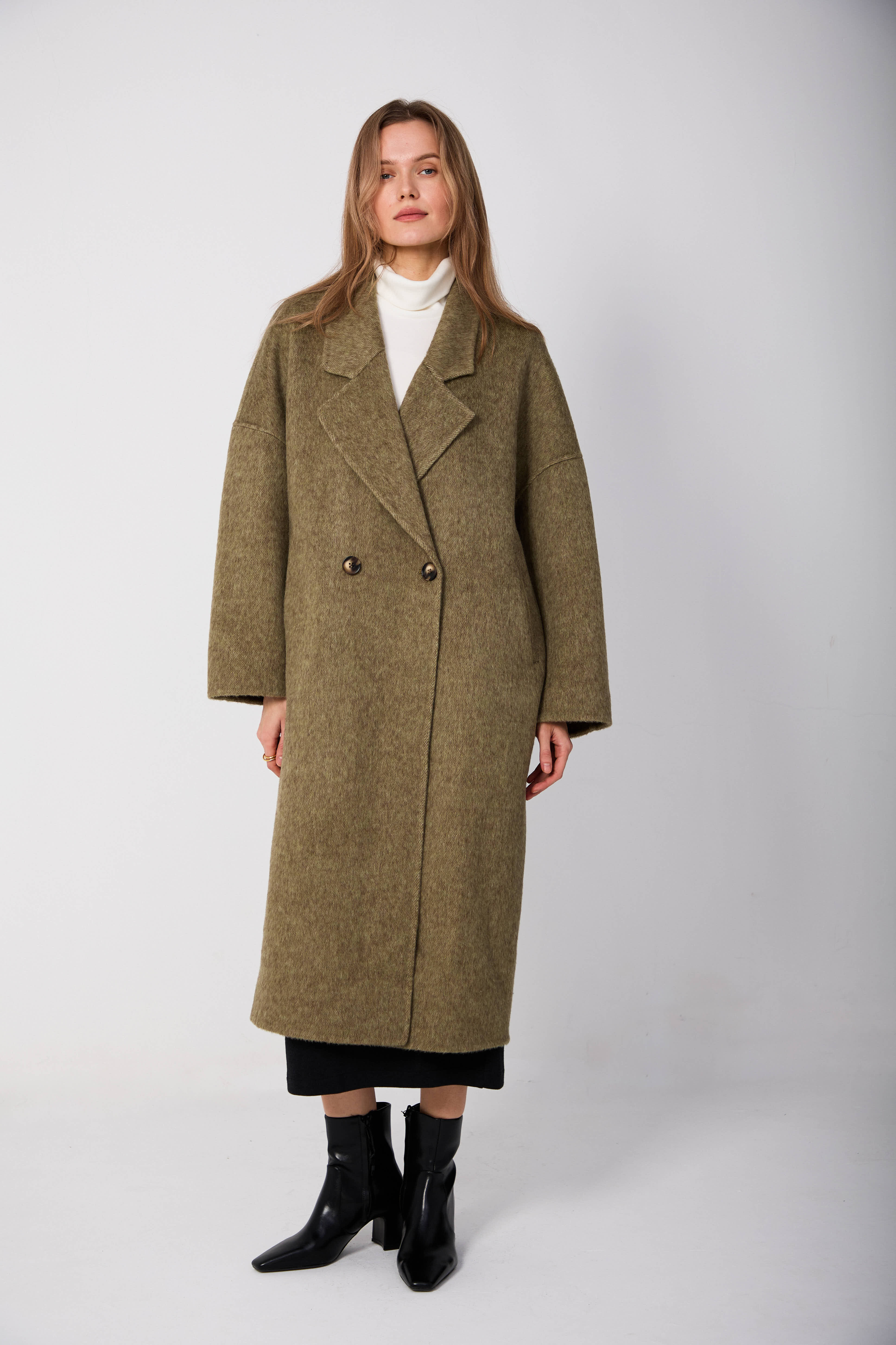 Women's Double-Breasted Wool Coats With 667 Olive Green
