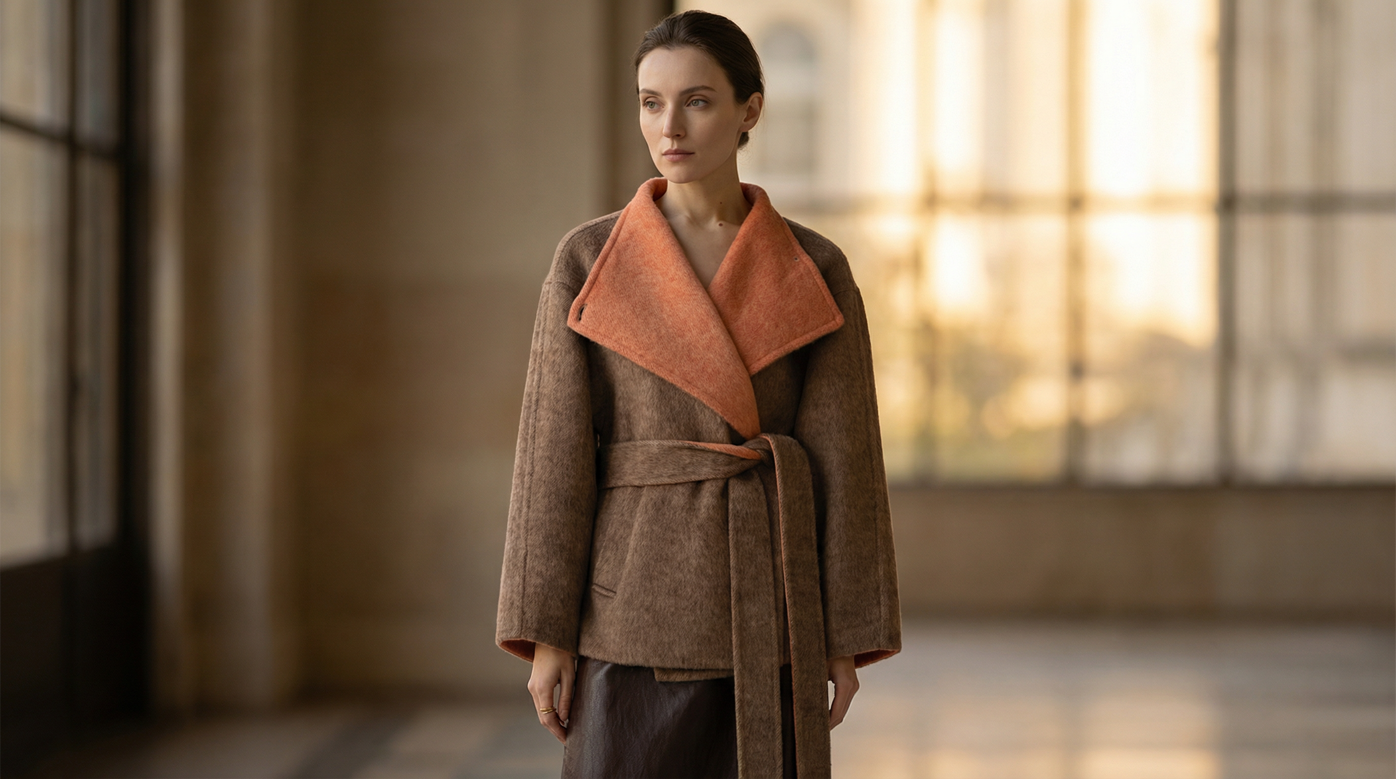 Belted wool coats by CocoonCash designed with defined waistlines, graceful proportion, and Eastern aesthetic refinement.