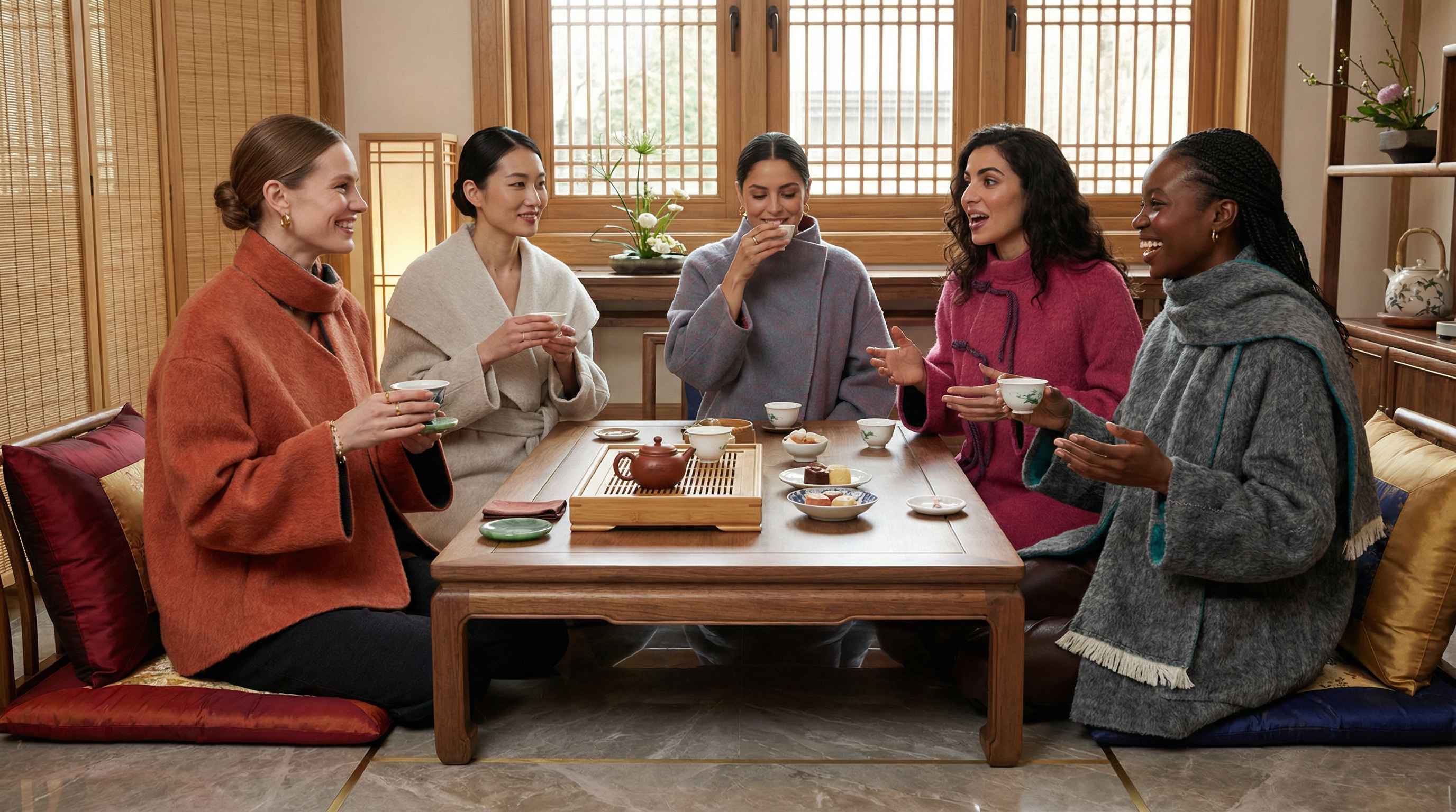CocoonCash coats worn by diverse people enjoying tea, reflecting refined global lifestyle and Eastern cultural aesthetics.