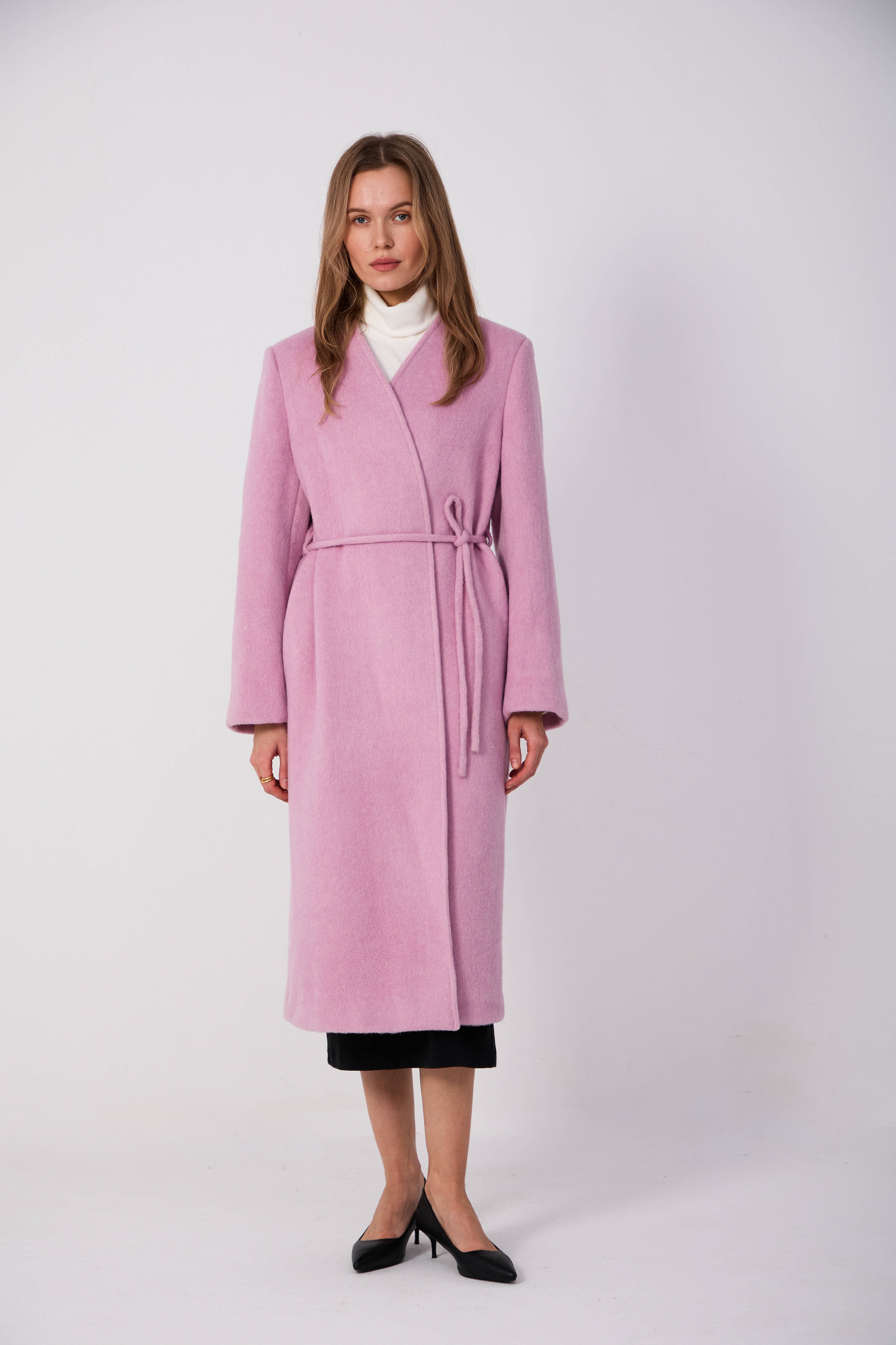 Women's Belted Wool Coats With 211 Light Lilac Pink