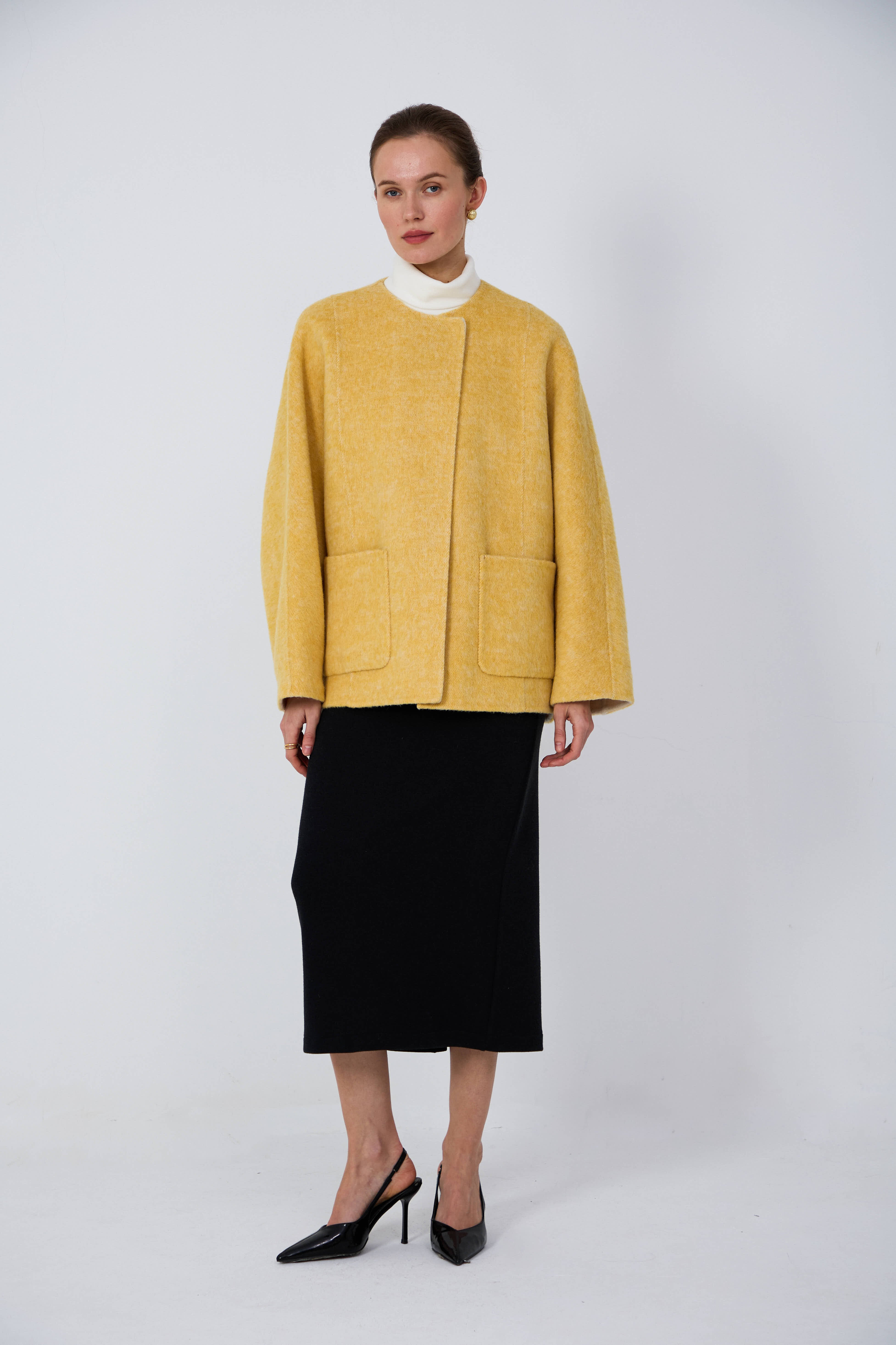 Women's Hand-Finished Wool Coats With 670 Corn Yellow & White