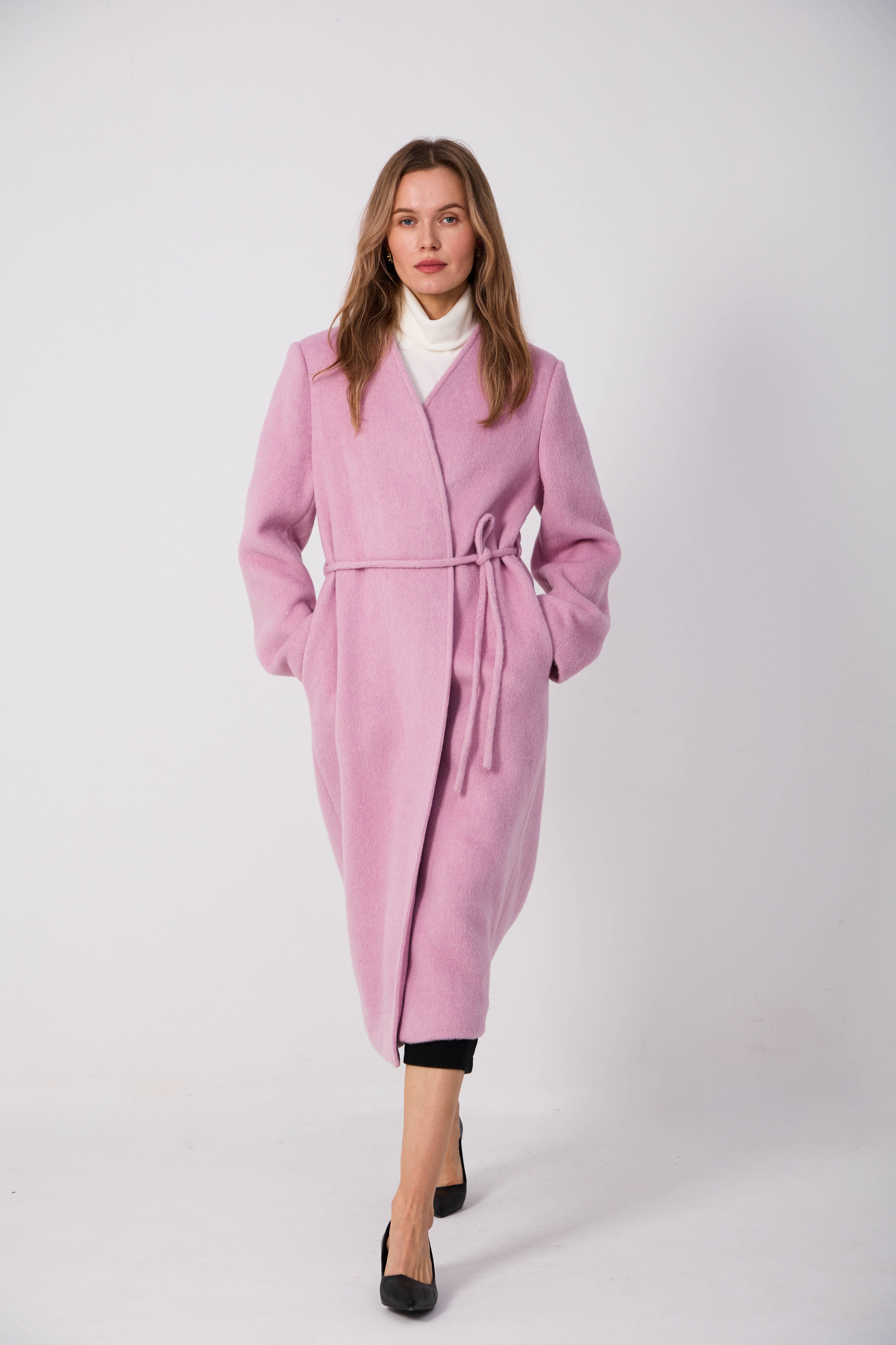 wool outerwear with fluid lines
